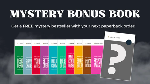 Black background with a row of colorful book covers and one grey cover with a question mark. White headline text reads Mystery Bonus Book, Get a FREE mystery bestseller with your next paperback order!