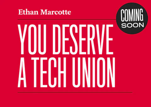 Portion of the red You Deserve a Tech Union book cover and a black and white badge that reads Coming Soon.