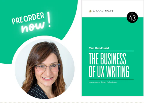 Circular image of Yael Ben-David next to the cover of The Business of UX Writing.