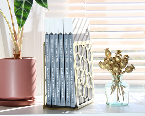 A green leafed plant in a purple pot, next to six copies of You Should Write a Book paperbacks between two cream colored metal bookends.