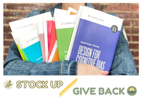 Colorful paperback books in a woman’s arms. Text at bottom reads: Stock up, give back.