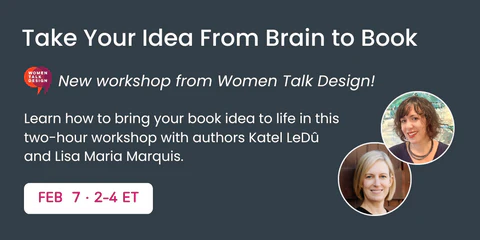 Workshop event details on a dark grey background and photos of authors Katel LeDu and Lisa Maria Marquis.